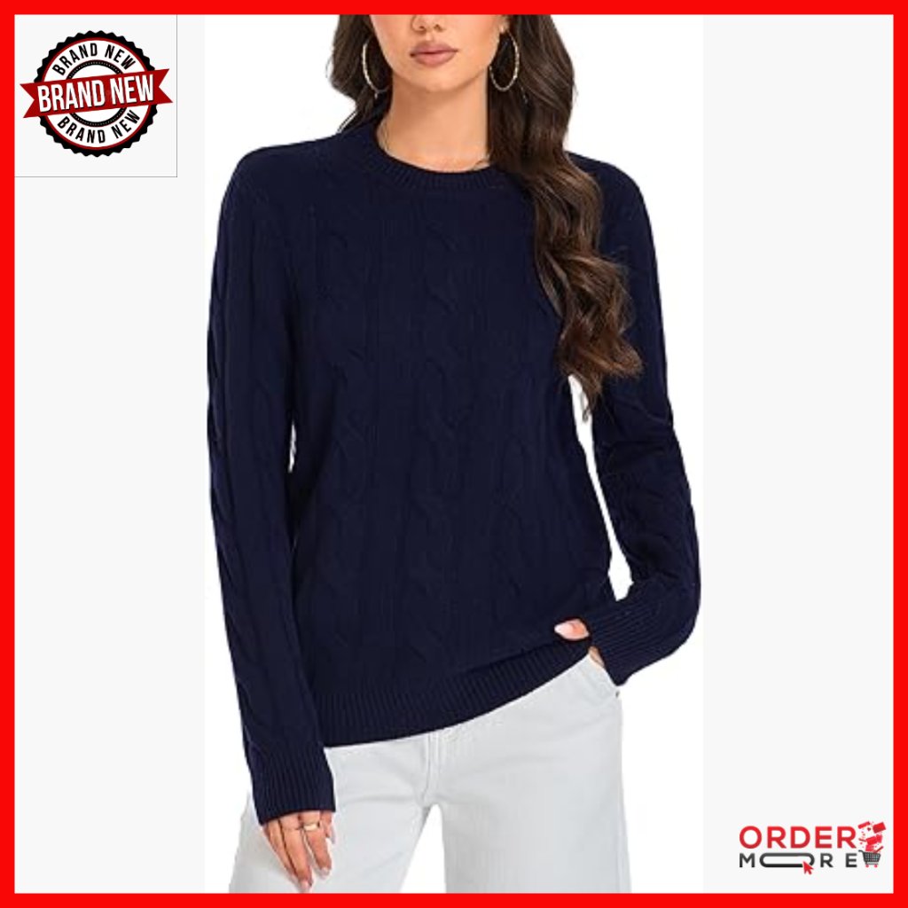 Merino Wool Cable Knit Pullover Sweater Chunky Winter Cozy Long Sleeve